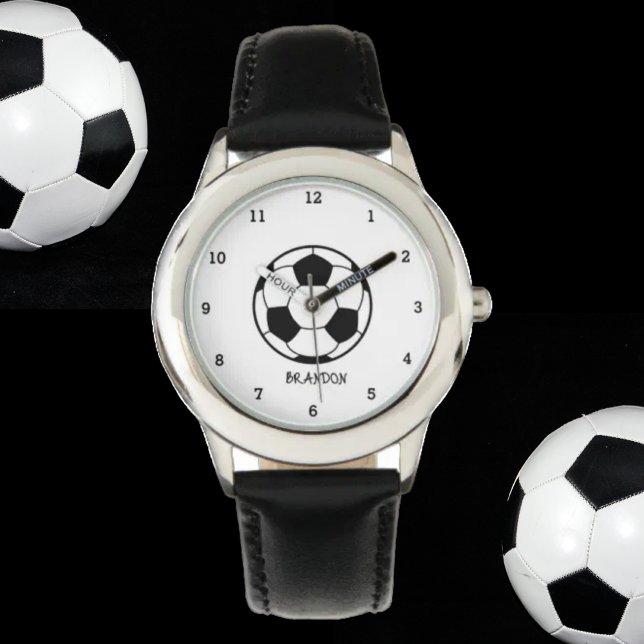 Boys Soccer Ball Black Stylish Custom Name Kids Watch (Creator Uploaded)
