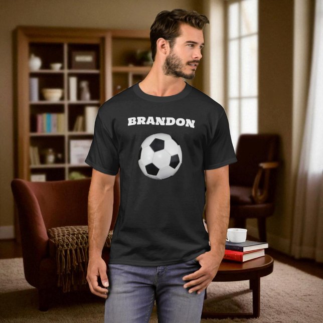 Boys Soccer Ball Black Stylish Custom Name Men T-Shirt (Creator Uploaded)