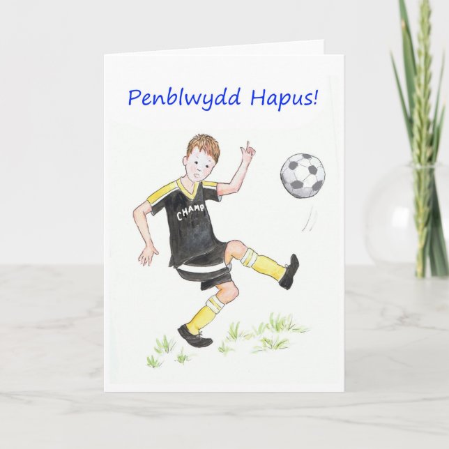 Boys Soccer Birthday Card: Welsh Greeting Card (Front)