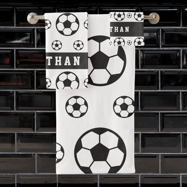 Boys Soccer Player's Name & Number Sports Fan Ball Bath Towel Set (Creator Uploaded)