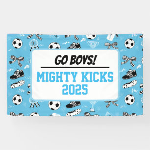 Boys soccer team support blue banner