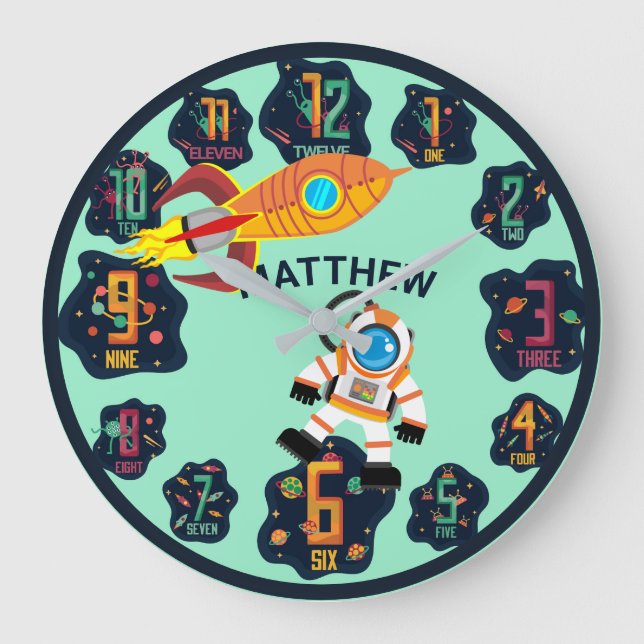 Boys Space Astronaut Rocket Planets Aliens Wall Large Clock (Front)