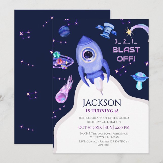 Boys Space Birthday Blast Off Rocket 4th birthday Invitation (Front/Back)