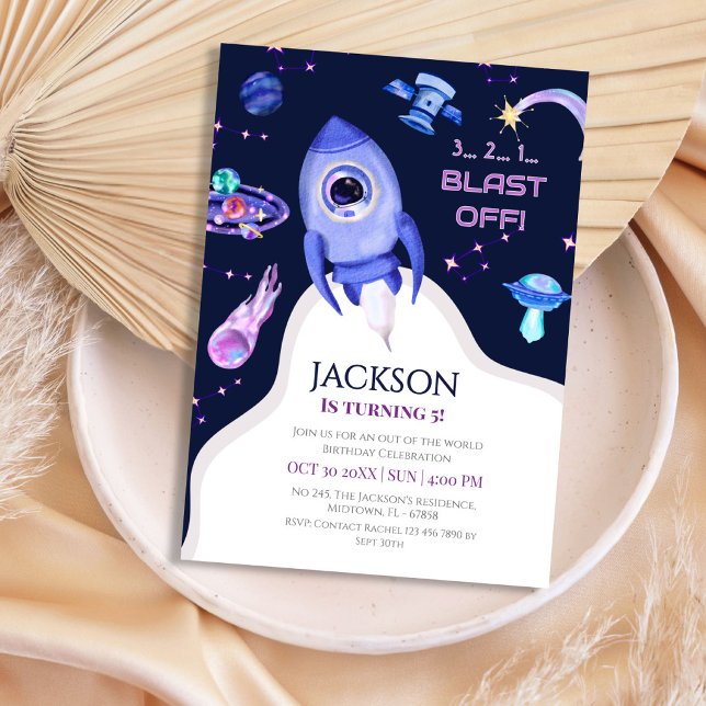 Boys Space Birthday Blast Off Rocket 5th birthday Invitation (Creator Uploaded)