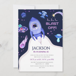 Boys Space Birthday Blast Off Rocket 6th birthday Invitation