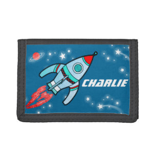 Boys space rocket blue add your name wallet
