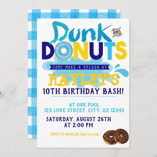 Boy's Splash Pool Dunk n Doughnut Party Birthday Invitation (Front/Back)
