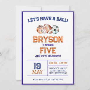  Boys Sports Birthday Invitation - Orange & Navy