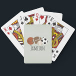 Boys Sports Green Stripe  Playing Cards<br><div class="desc">Personalise with your child's name and their teacher's name. Features simple hand drawn football,  basketball,  baseball,  and soccer ball on a green pinstriped background. Check out our Novelty Gifts Category for more designs.</div>