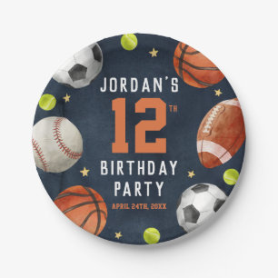 Boys Sports Theme Orange Navy Birthday Party Paper Plate
