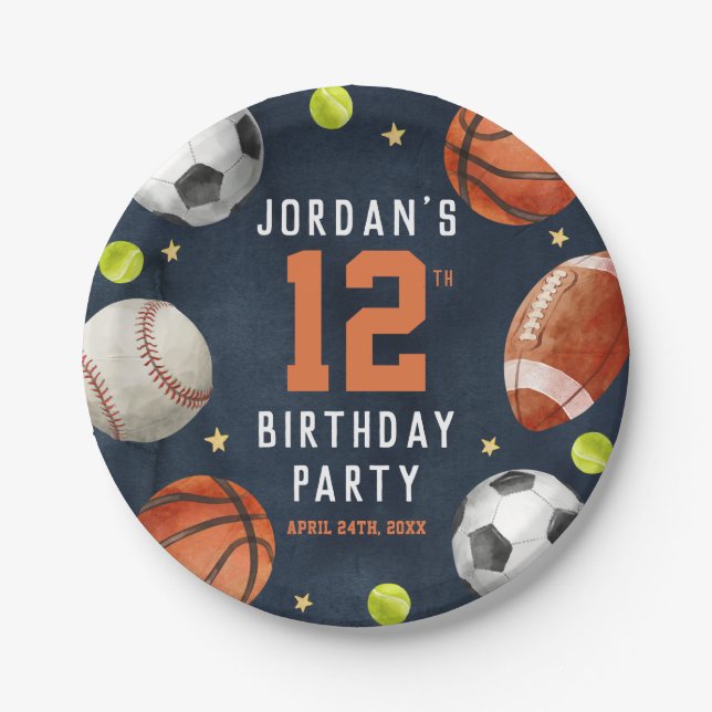 Boys Sports Theme Orange Navy Birthday Party  Paper Plate (Front)