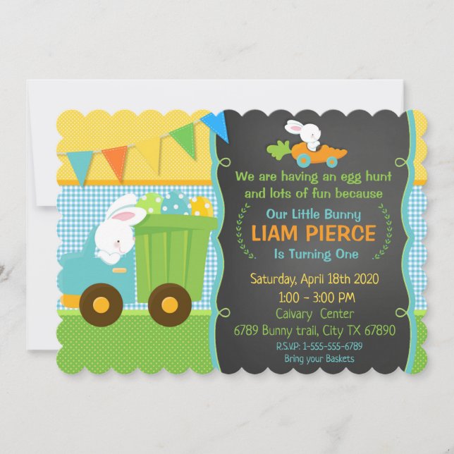 Boys Spring Easter Birthday Party Bunny Dump Truck Invitation (Front)