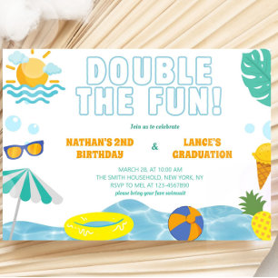 Boys Summer Sibling Birthday and Graduation Joint  Invitation