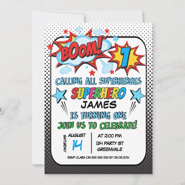 Boys Superhero 1st Birthday Invitation (Front)