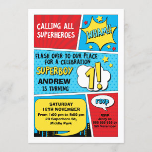 Boys Superhero 1st Birthday Invitation