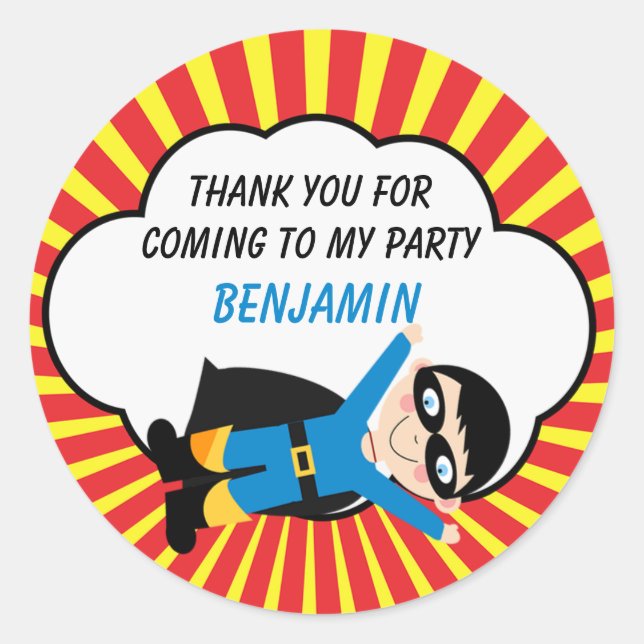 Boys Superhero Birthday Favor Sticker (Front)
