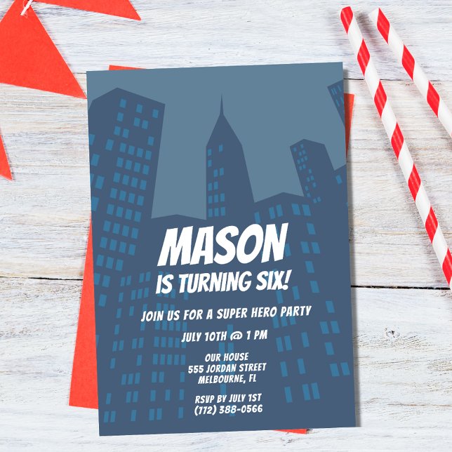 Boys Superhero City Birthday Party Invitation (Boys Superhero City Birthday Party Invitation)