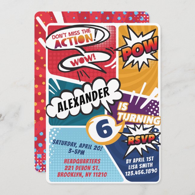 Boy's Superhero Comic Book Birthday Invitation (Front/Back)