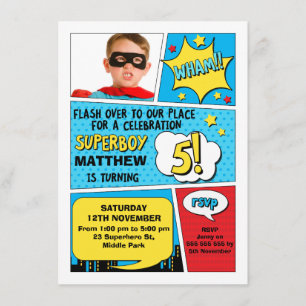 Boys Superhero Photo 5th Birthday Invitation