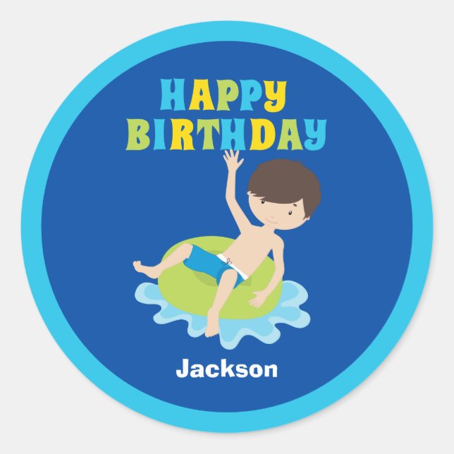 Boys Swimming Pool Party Kids Blue Birthday Classic Round Sticker (Front)