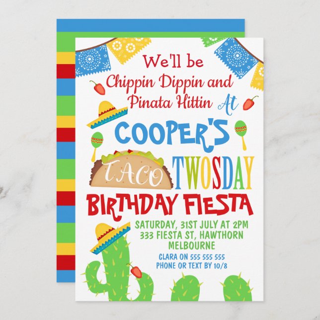 Boys Taco Twosday 2nd Birthday invitation (Front/Back)