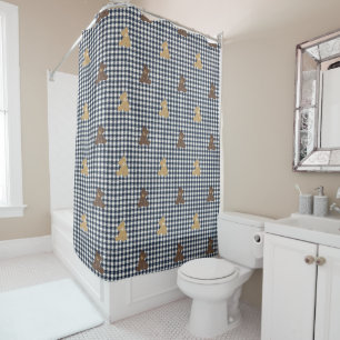 Boys Teddy Bear & Gingham - Khaki Brown & Navy Shower Curtain