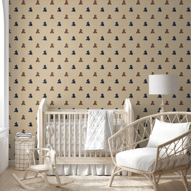 Boys Teddy Bear Gingham - Navy Brown & Khaki Wallpaper (Kids)
