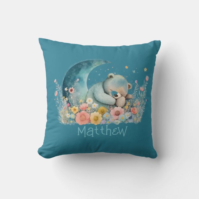 Boys Teddy Bear Wildflowers Moon Personalised Cushion (Front)