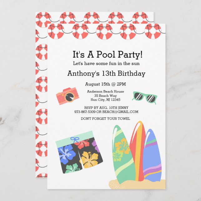 Boys Teen Pool Party Birthday Invitation (Front/Back)
