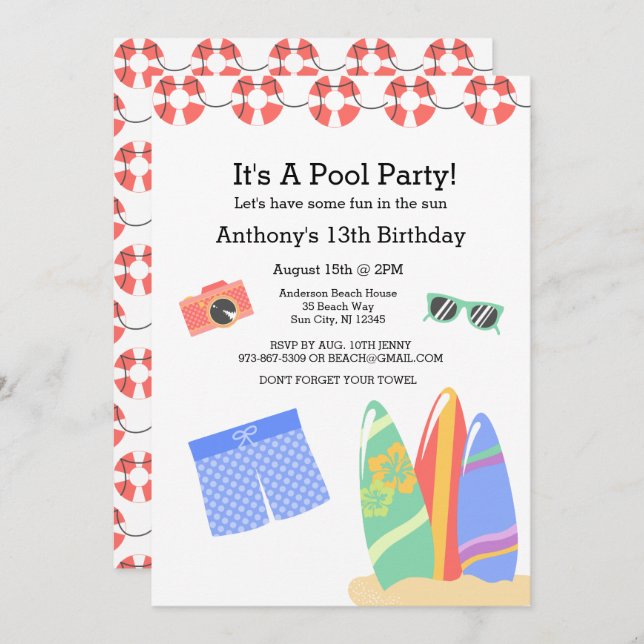 Boys Teen Pool Party Birthday Invitation (Front/Back)