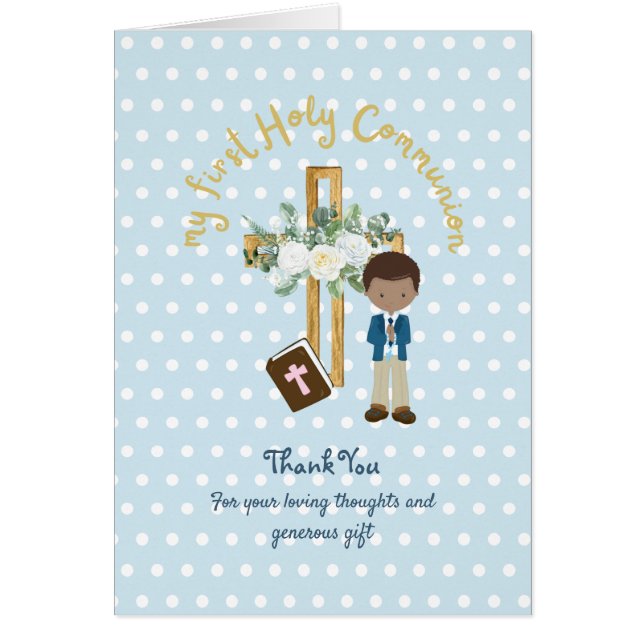 BOY'S Thank You Holy Communion Card - Brown Hair (Front)