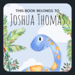 Boys This Book Belongs Blue Dinosaur and Name Kids Square Sticker<br><div class="desc">This beautiful boy's 'this book belongs' bookplate design features a cute blue dinosaur in watercolor,  and has place for you to add your kids name in lovely typography. Perfect for your child's back to school supplies. Check out the rest of our collection for other cute kids items.</div>
