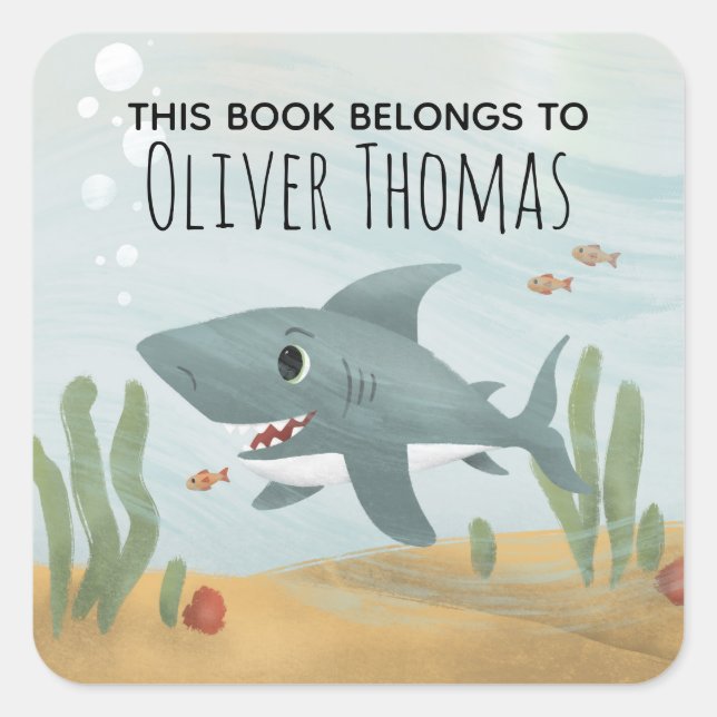 Boys "This Book Belongs" Blue Shark Kids Bookplate Square Sticker (Front)