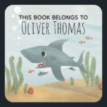 Boys "This Book Belongs" Blue Shark Kids Bookplate Square Sticker<br><div class="desc">This cute and modern kids bookplate sticker design features a blue ocean shark cartoon,  with seaweed,  bubbles,  and fish. The stickers can be personalized with your boys name,  under 'this book belongs, ' making them perfect for your child's library or school books.</div>