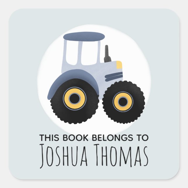 Boys This Book Belongs Blue Tractor Kids Bookplate Square Sticker (Front)