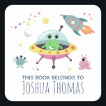 Boys "This Book Belongs" Space Alien Bookplate Square Sticker<br><div class="desc">This cute and modern boys 'this book belongs' bookplate sticker design features a space alien monster cartoon, with a rocket ship, sun, planet and moon, and has place for you to add your kids name in lovely typography. Perfect for your child's back to school supplies, or children's library. Check out...</div>