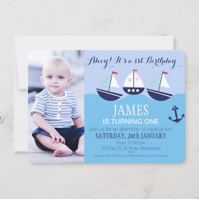 Boy's Three Boats Nautical 1st Birthday Party Invitation (Front)