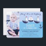 Boy's Three Boats Nautical 1st Birthday Party Invitation<br><div class="desc">Boy's Three Boats Nautical 1st Birthday Party Invitation 

This nautical birthday invitation features three cute boats and an anchor.</div>