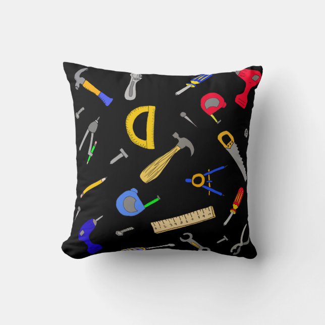 Boy's Throw Pillow with Collage of Tools (Front)