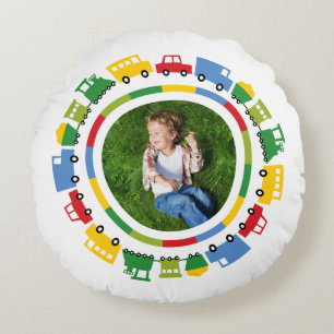 Boys Toys Cars Bus Trains Birthday Photo Stickers Round Cushion