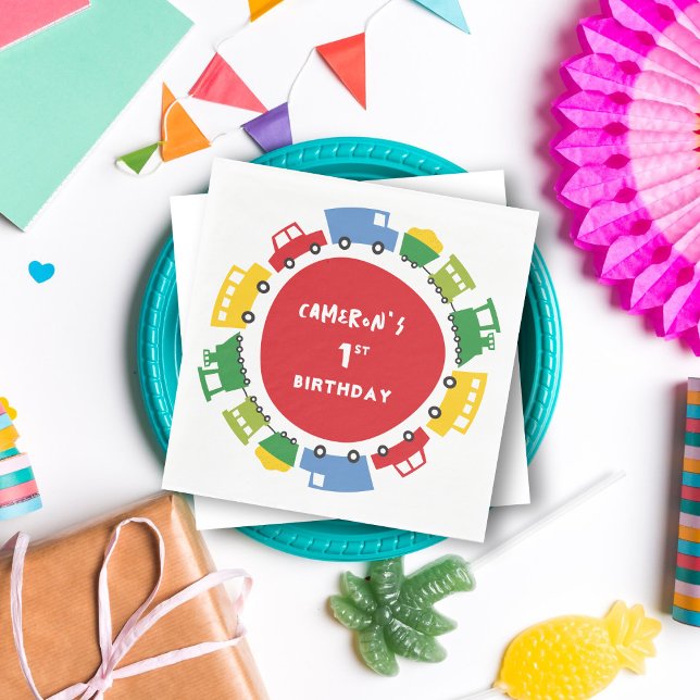 Boys Toys Colourful Fun Transport Birthday Party Napkin (Boys Toys Colorful Fun Transport Kid's Birthday Party Paper Napkins @ zazzle.com/fatfatin_mini_me)