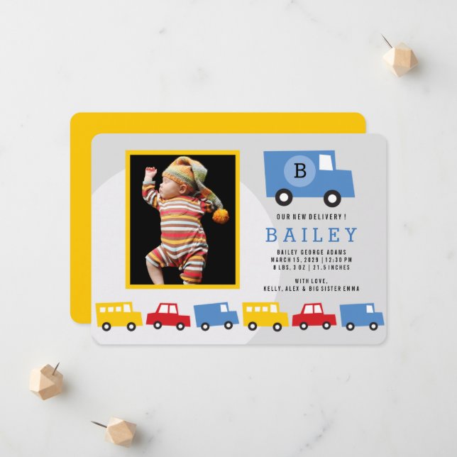 Boys Toys Colourful Transport Baby Boy Photo Birth Announcement (Front/Back In Situ)