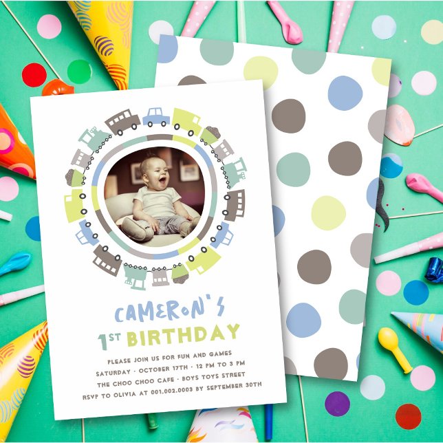 Boys Toys Fun Transport Photo 1st Birthday Party Invitation (Boy's Toys Pastel Blue Fun Transport Any Age / 1st Birthday Photo Kid's Party Invitation @ Zazzle)