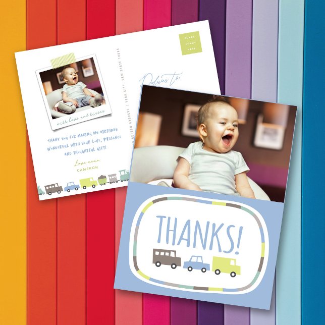 Boys Toys Kid's Birthday Party Thank You Note Card (Boys Toys Pastel Blue Transport Kid's Birthday Party Photo Thank You Postcard by fatfatin @ Zazzle)