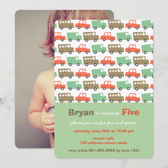 Boys Toys Retro Transport Photo 5th Birthday Party Invitation (Front/Back)