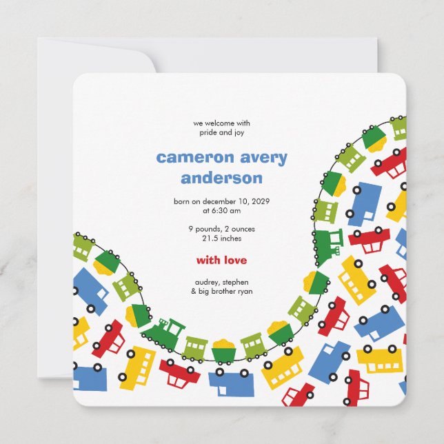 Boy's Toys Transport Baby Photo Birth Announcement (Front)