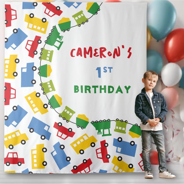 Boys Toys Transport Birthday Party Photo Backdrop Tapestry (Boys Toys Colorful Transport Birthday Party Photo Backdrop Tapestry @ zazzle.com/fatfatin_mini_me)