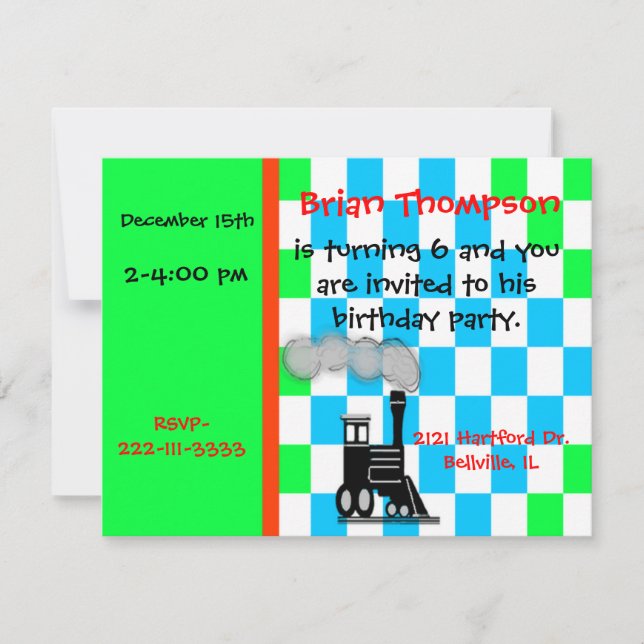 Boy's Train Engine Birthday Invitation (Front)