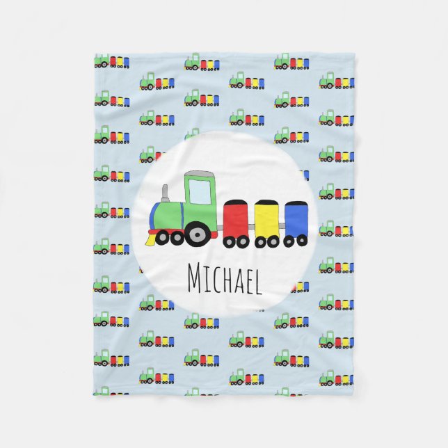 Boy's Train Pattern with Name Children's Fleece Blanket (Front)