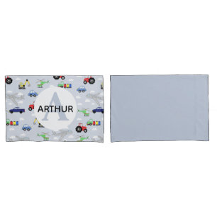 Boys Transport Pattern Monogram Car Name Kids Pillowcase